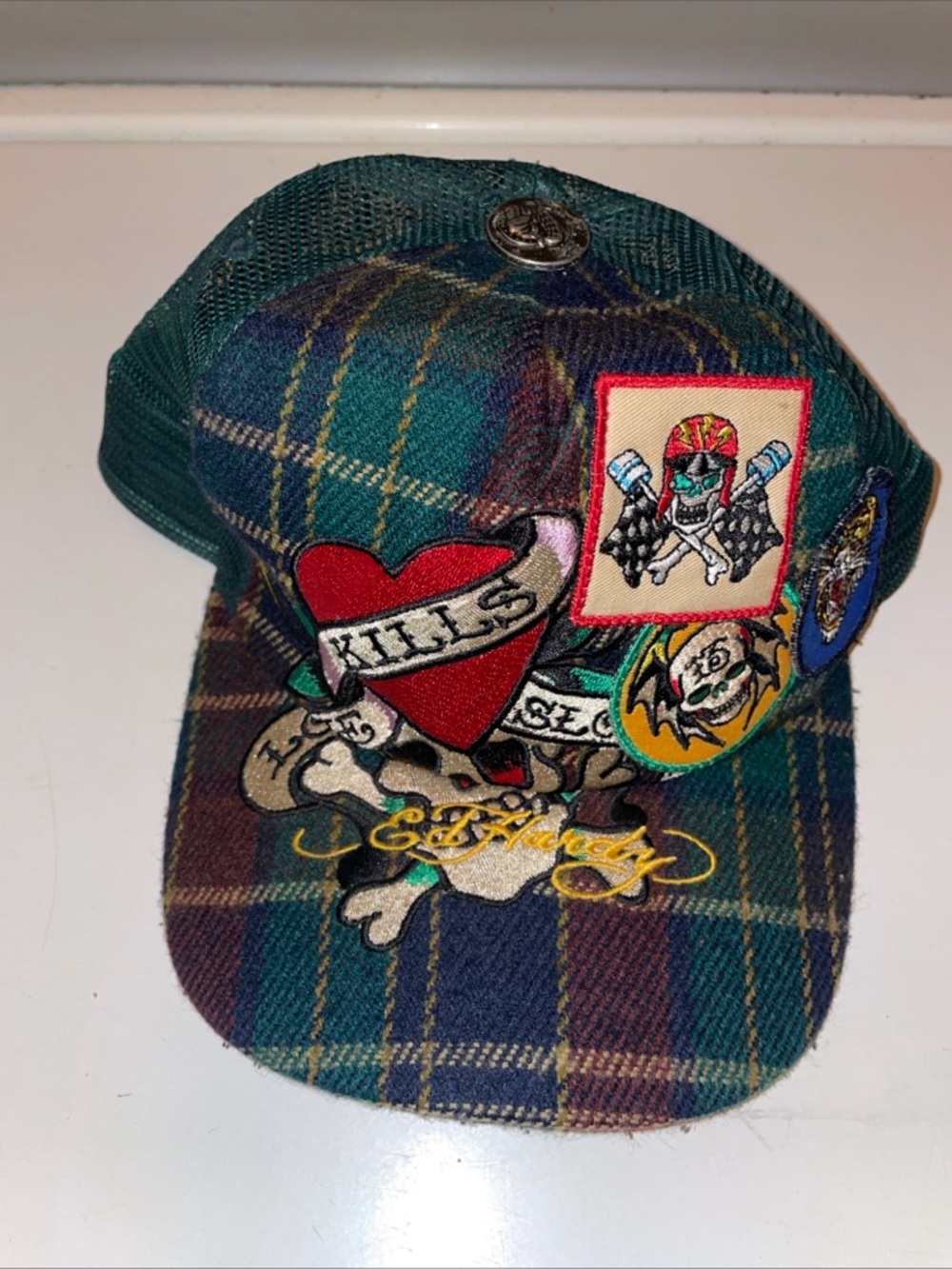 VTG DON ED HARDY Embroidered Love Kills Slow Flannel Tiger Skull Trucker Hat